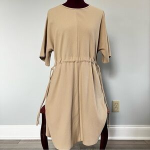OAK + FORT Casual Crew Neck Drawstring Midi Dress in Beige